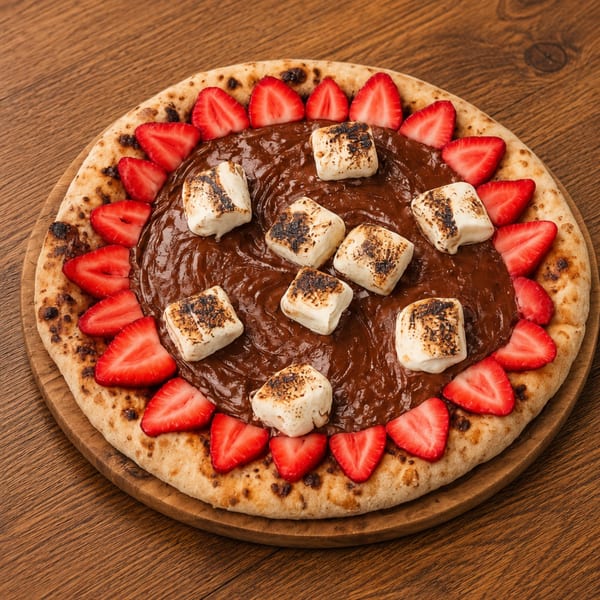 Dessert pizza with chocolate spread, toasted marshmallows, and strawberry slices on a wooden board.