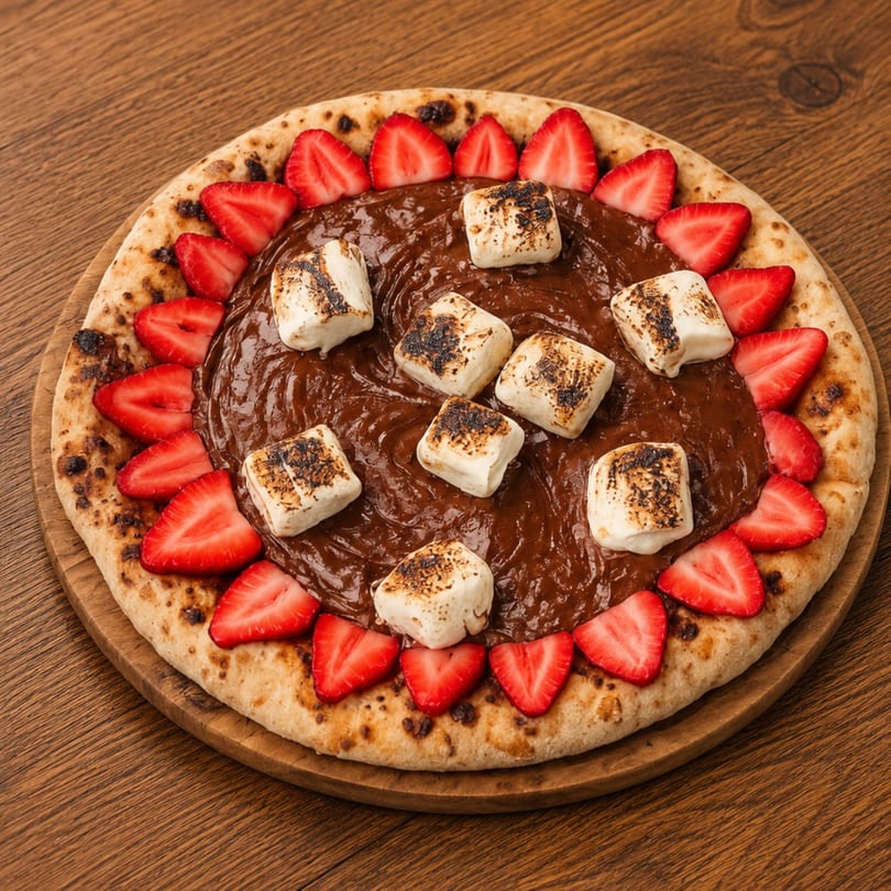 Dessert pizza with chocolate spread, toasted marshmallows, and strawberry slices on a wooden board.