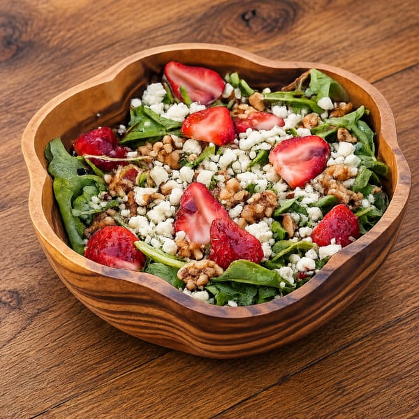A wooden bowl filled with a vibrant salad of spinach, strawberries, walnuts, and feta cheese.