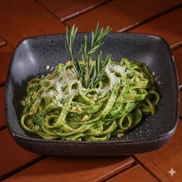 Pia's pesto pasta with pine nuts, grated cheese, and rosemary sprigs in a dark bowl.