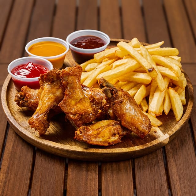 Chicken Wings with French Fries.