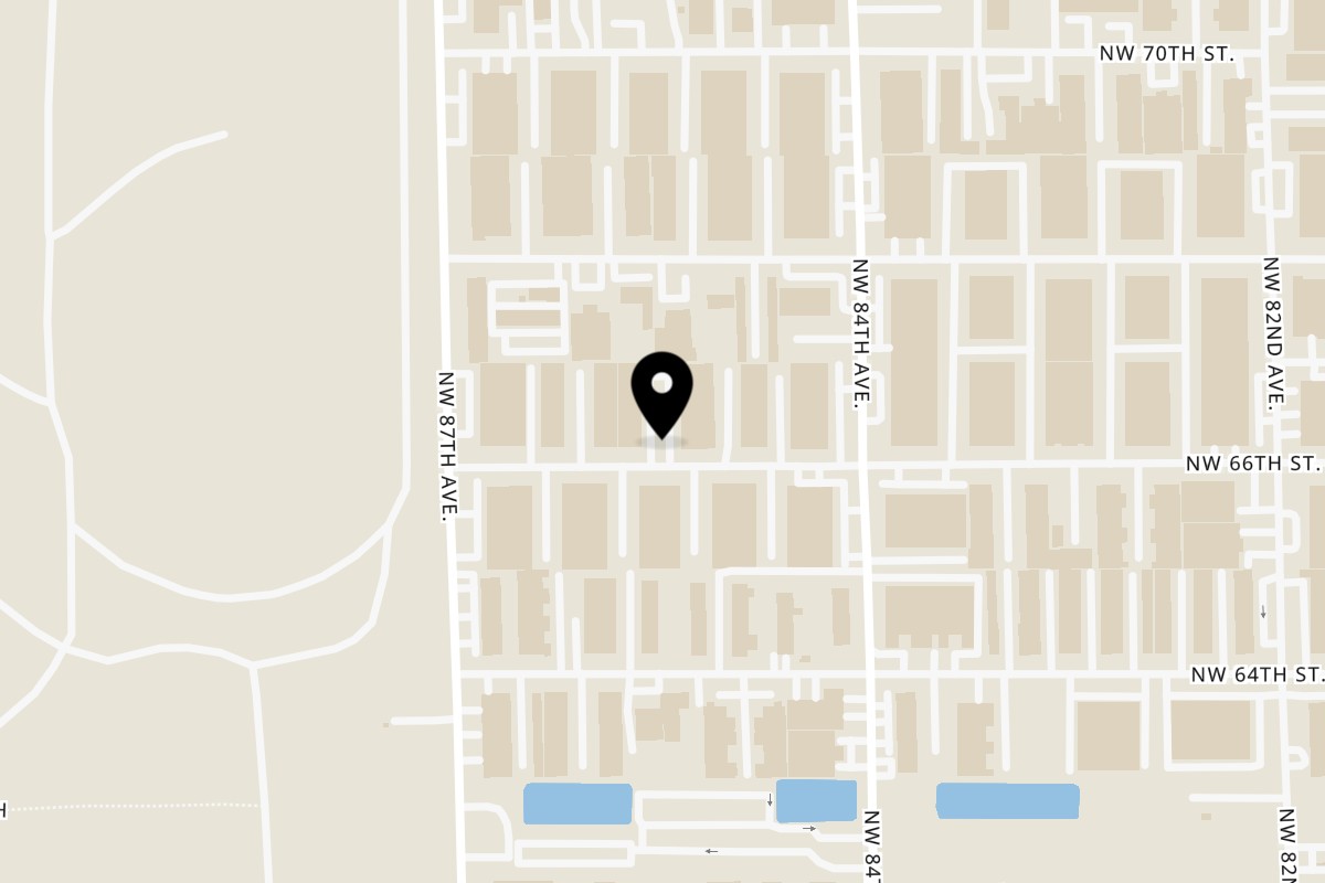 Map showing the location of Pia's Not Just Pizza on 8509 NW 66th St in Miami